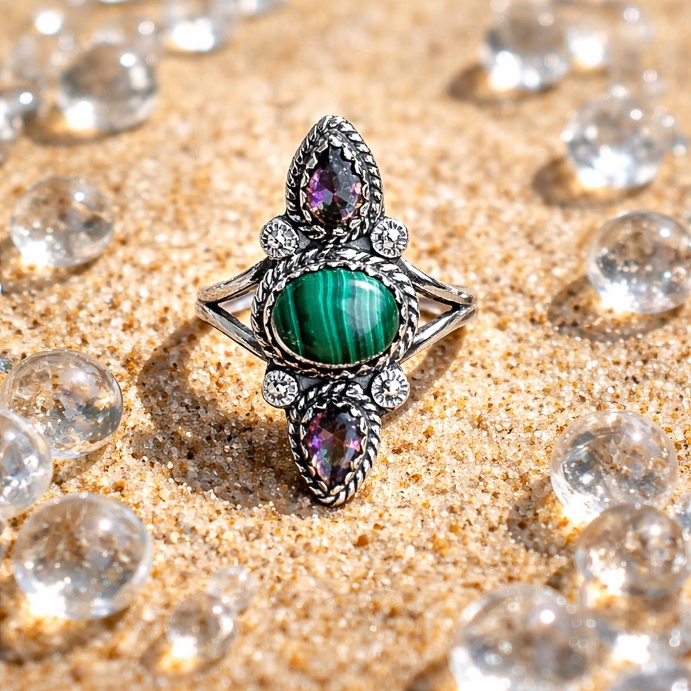 Malachite & Rainbow Quartz Ring